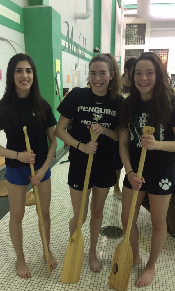 From left to right: Raina Dano (senior), Ripley Crosley (junior), and Carmen Ferrante (senior). Group wins first place at 2017 Boat Regatta.