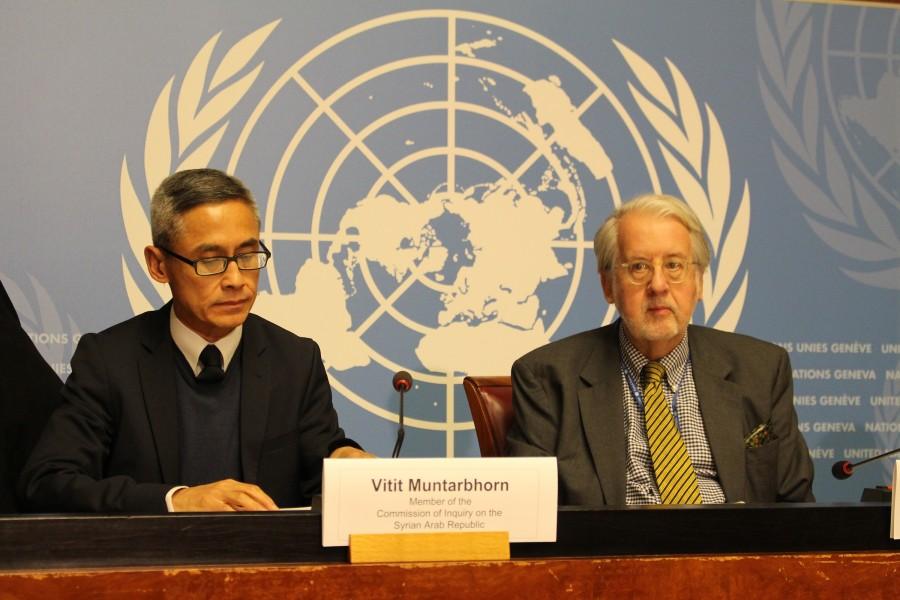 Commissioner Vitit Muntarbhorn and Paulo Pinheiro, Chair of the International Commission of Inquiry on Syria, at a press conference in Geneva, Switzerland, on Friday Nov. 14, 2014. (John Zarocostas/McClatchy DC/MCT)
