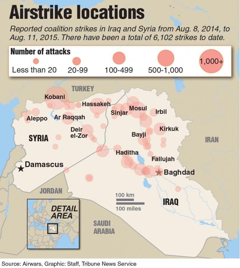 Map locating total number of coalition air strikes in Iraq and Syria.
