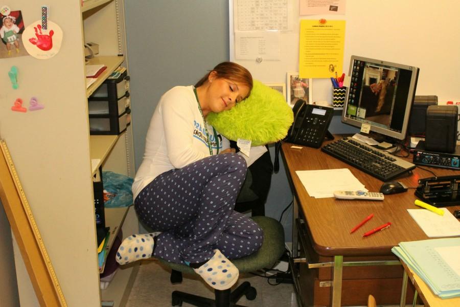 Math+teacher+Kristen+Surdy+is+perhaps+too+comfortable+at+school+when+wearing+her+pajamas.