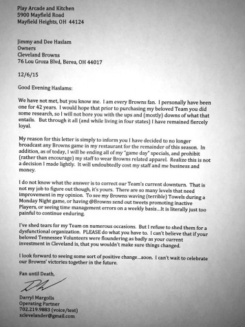 This is the letter, in it's entirety, that Browns fan and restaurant owner Darryl Margolis posted onto his various social media accounts. Photo from the Facebook account of Darryl Margolis.