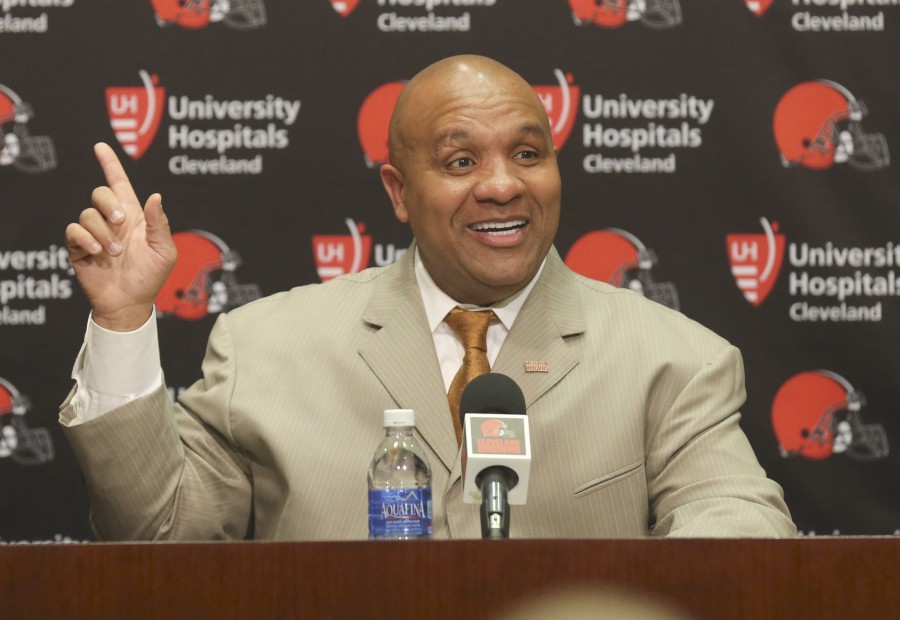 Cleveland Browns head coach Hue Jackson answers questions from the media during a news conference at the teams headquarters on Wednesday, Jan. 13, 2016, in Berea, Ohio. (Phil Masturzo/Akron Beacon Journal/TNS)