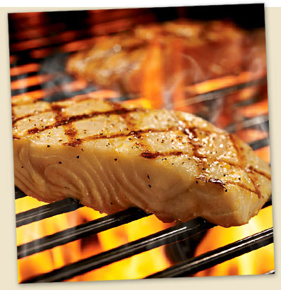 The fire-grilled salmon is one of many seafood options on the menu. 