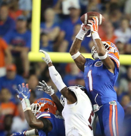 Florida defensive back Vernon Hargreaves III (1) intercepts a pass during the New Mexico State at Florida NCAA football game at Ben Hill Griffin Stadium on Saturday, Sept. 5, 2015 in Gainesville, Fla. Florida won 61-13.