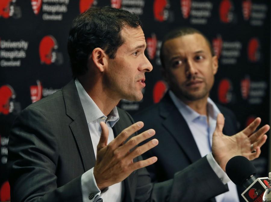 Cleveland+Browns+Chief+Strategy+Officer+Paul+DePodesta%2C+left%2C+answers+a+question+while+Executive+Vice+President+of+Football+Operations+Sashi+Brown+listens+during+a+news+conference+at+the+Browns+training+facility+on+Thursday%2C+Jan.+21%2C+2016%2C+in+Berea%2C+Ohio.