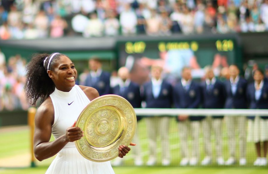 Serena Williams of the United States with the trophy after winning the womens final at the Wimbledon Tennis Championships at the All England Lawn Tennis and Croquet Club in London on Saturday, July 9, 2016. Williams defeated Germanys Angelique Kerber, 7-5, 6-3.