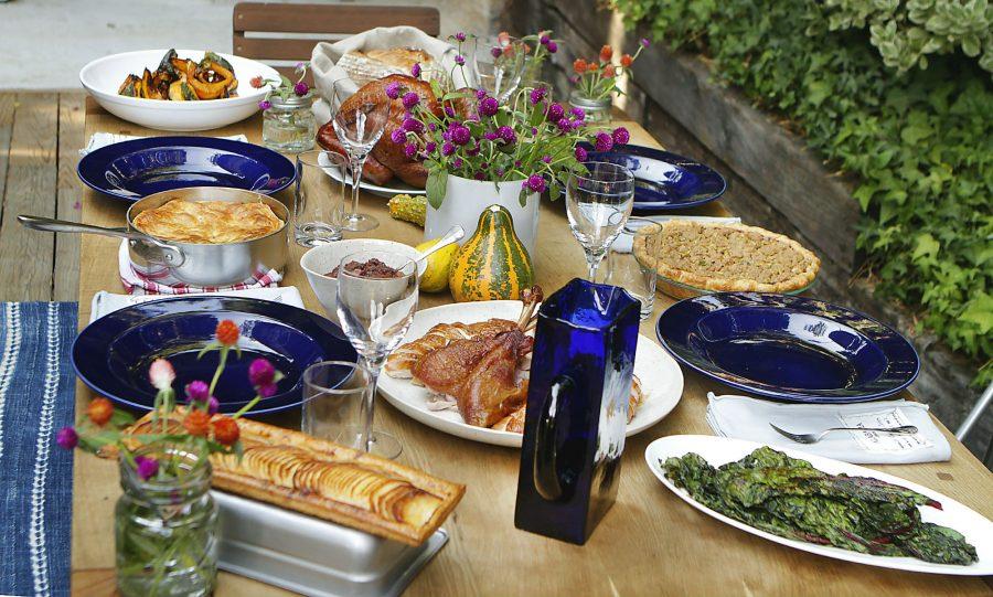 A Thanksgiving table is spread out at the Laurel Canyon home of chefs Karen and Quinn Hatfield in Los Angeles, California.