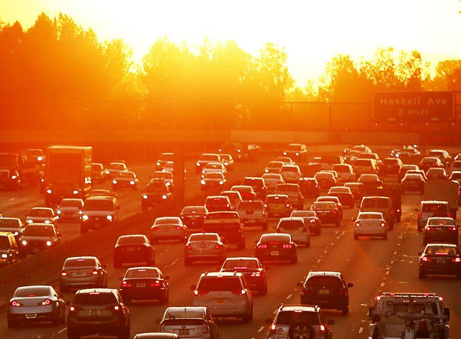 Traffic on the 101 Freeway in Los Angeles, Calif. backs up on March 27, 2015, the second day of a heat wave. 