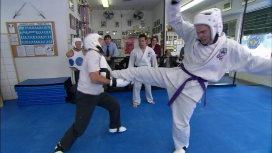 Dwight and Michael are fighting at Dwight’s dojo due to a conflict back at the office. Screenshot taken by Gavin Mitten from Amazon’s episode six in season two of “The Office.