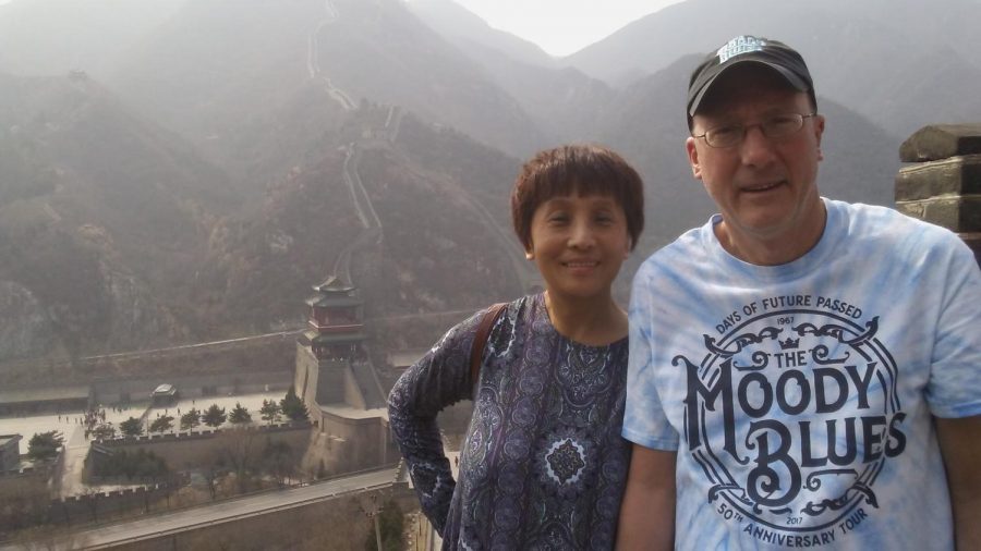 Even while visiting China with his wife, Ed Beck wears one of his favorite band shirts for The Moody Blues.