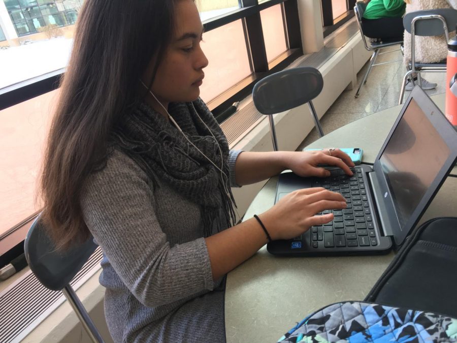 Senior Liz Corpus works on her final poetry submissions for the Scholastics Dec. 11 deadline during her lunch period.