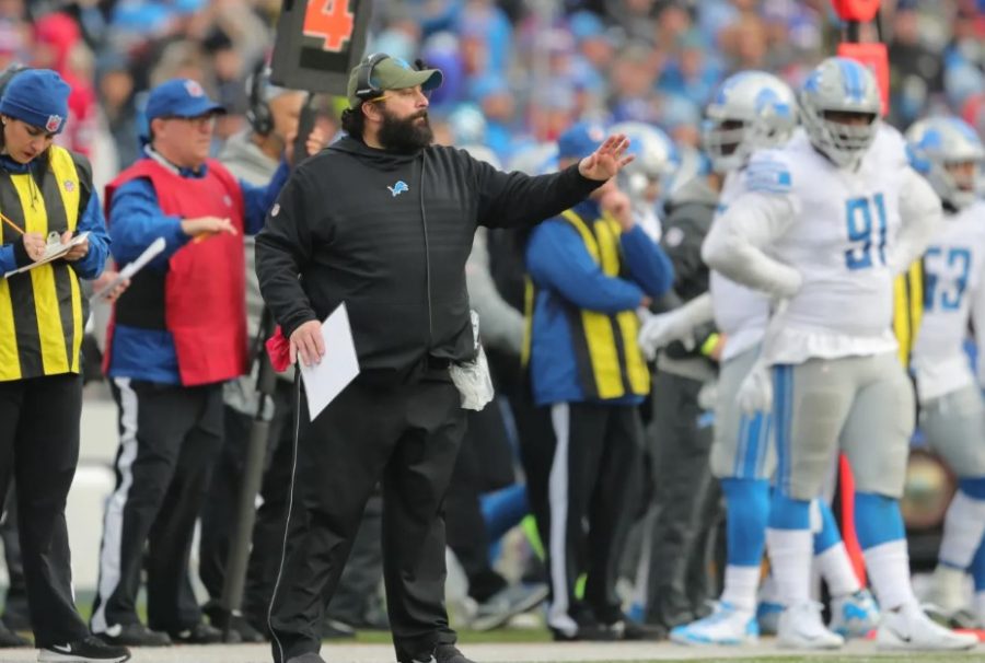 Matt Patricia coaches the Lions against the Buffalo Bills on Sunday, Dec. 16.  After his team lost, Patricia came under fire for using foul language in a radio interview.