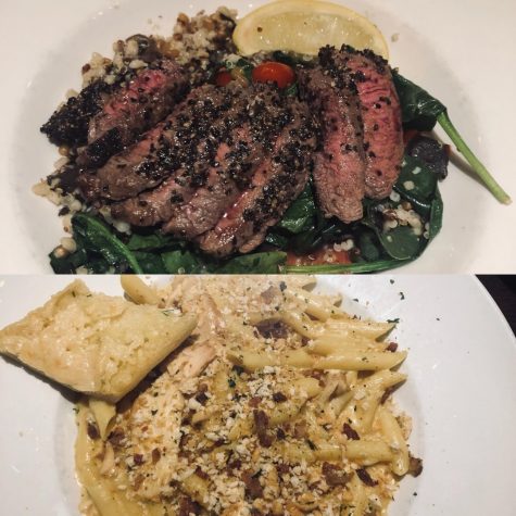 Top image: The Cracked Pepper Sirloin is served over ancient grain.
Bottom image: The Bock & Cheese Pasta comes with a creamy cheese sauce topped with breadcrumbs.