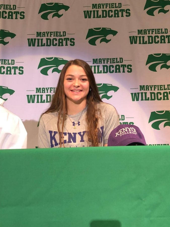 Senior Gianna Ferrante, a four-time state qualifier in swimming, officially committed to Kenyon College this week.  Principal Jeff Legan referred to Ferrante as 