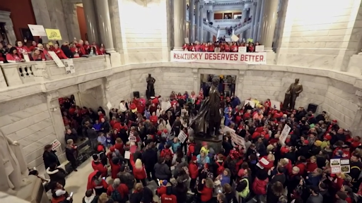 Kentucky teachers storm the statehouse to protest the lack of pension funding.