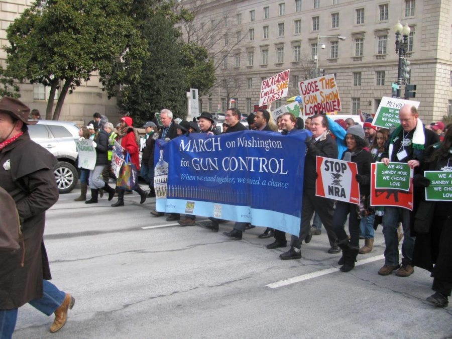 A crowd of people protest on Capitol Hill for gun control reforms.
