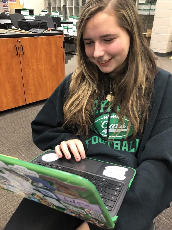 Whether shes at school or home, sophomore Sarah Carlile is always typing a story on her Chromebook.