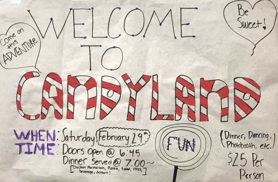 A Night in Candyland: Cats Cabinet has made posters advertising the Feb. 29 dance that are hung all over the school.