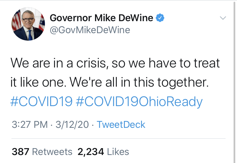 Ohio Gov. Mike DeWine tweeted on March 11 that he wasnt at the point of closing schools yet.  One day later, he announced statewide closures of all schools.