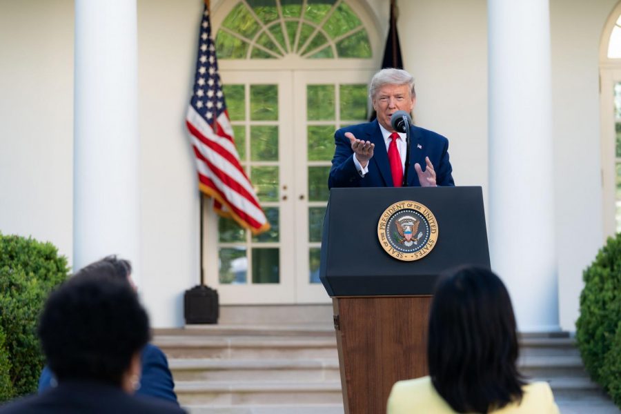 President Trump delivers the new social distance guidelines from the Rose Garden as he addresses the media.