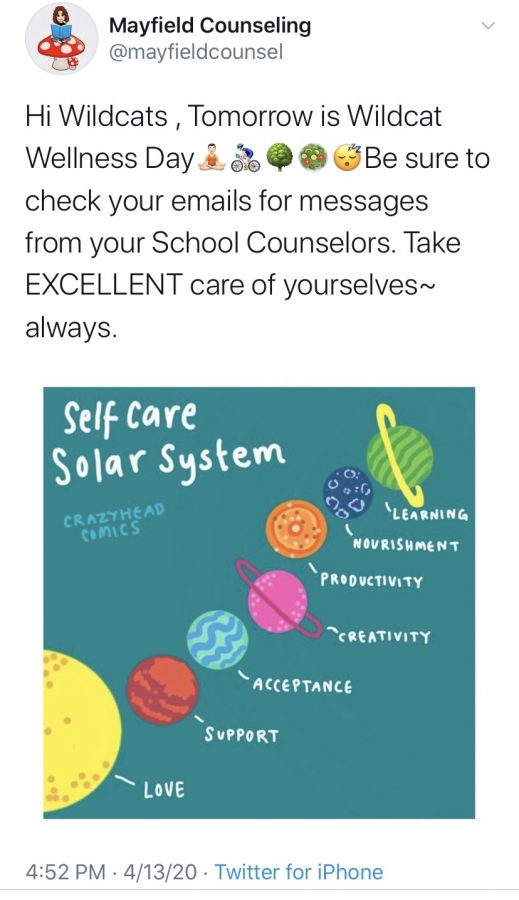 As+part+of+Tuesdays+Wellness+Day%2C+counselors+asked+students+to+complete+a+Self+Care+Checklist.++%E2%80%9CWe+also+sent+out+info+graphics+and+did+Google+meetings+with+groups+of+kids+to+talk+over+wellness+and+meditation%2C%E2%80%9D+said+ninth+grade+counselor+Mia+Bourdakos.