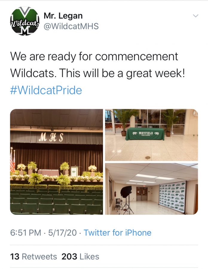 During the week of May 18, seniors have specific time slots to enter the auditorium and graduate in front of their immediate family.  Everything is being recorded, and the edited version of the entire ceremony will be released on June 6.