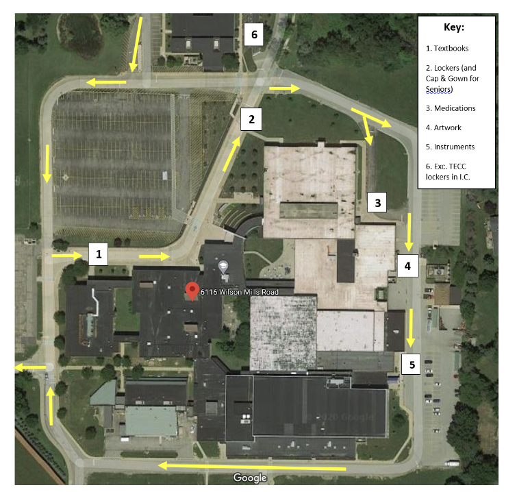 The curbside pick-up map has been designed by assistant principal Jane Perry.  She said, "The Curbside Pick-Up/Drop-Off days will allow students to return school-issued textbooks, equipment, and instruments.  It will also provide an opportunity to pick-up medications kept in the school clinic, art work, and the contents of the student’s assigned  locker. "