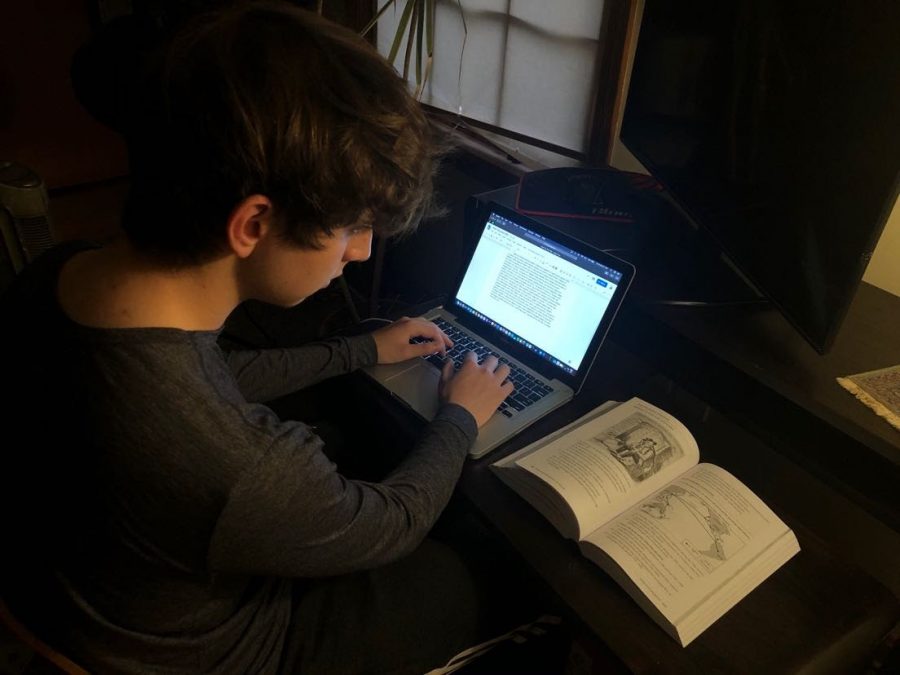 Sophomore Monti Yoo studies for his upcoming AP World History exam, which will be on Thursday, May 21.  The exam will be taken online and will last between three and four hours.