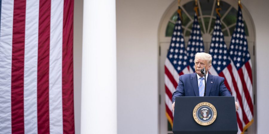 President Donald Trump delivers remarks about the military at the White House.  While Trump has encouraged a powerful and well-funded military, Joe Biden wants reduced, responsible military funding and said, “Our military is [just] one tool in our toolbox. “