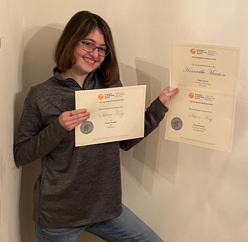 Senior Gianna Somrak believes the hard work she put into writing and editing her creative writing paid off, as she won multiple awards.  Her teacher, Mrs. Kari Beery, admires Somrak’s ability to open herself up to the “possibilities of her work.”  Beery said, “Her pacing, mix of rhyme and free verse, bountiful alliteration, and vivid imagery have you rereading her pieces over and over again and aloud to experience her craft.  