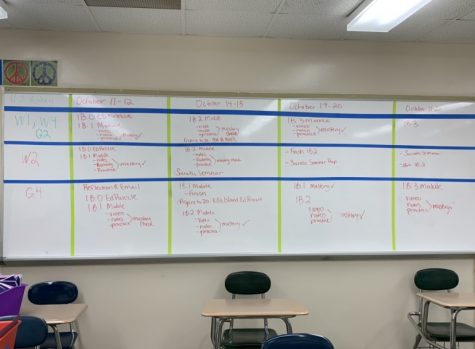 In Silvia Sheppards classroom, she utilizes the white board to write out the classwork and homework plans for each of her classes. 