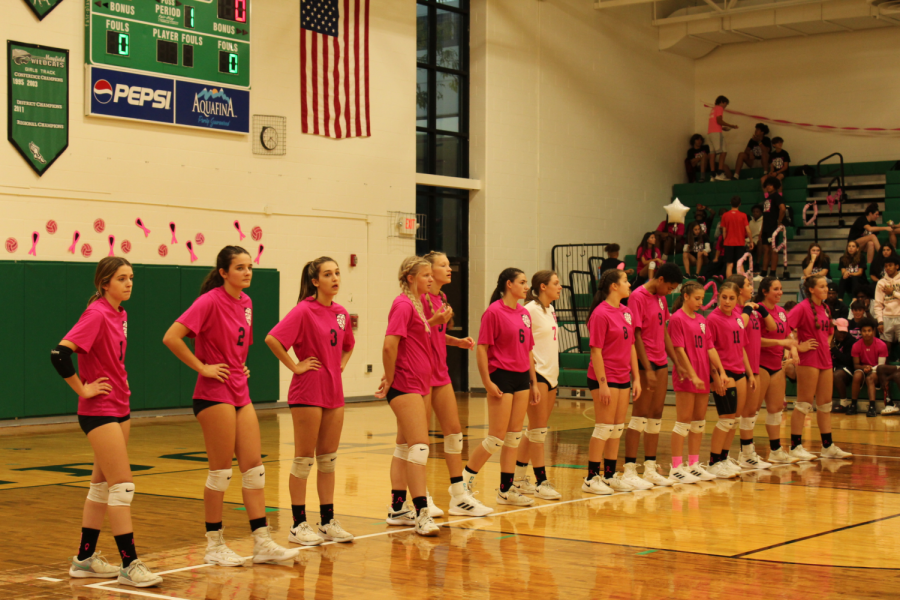 The+varsity+volleyball+team+prepares+to+play+in+the+Cure+game.++The+Wildcats+were+victorious%2C+as+they+topped+Madison+3-2.++Varsity+captain+Maya+Webb+said+about+the+fundraiser%2C+I+love+seeing+people+come+together+to+support+such+a+good+cause.