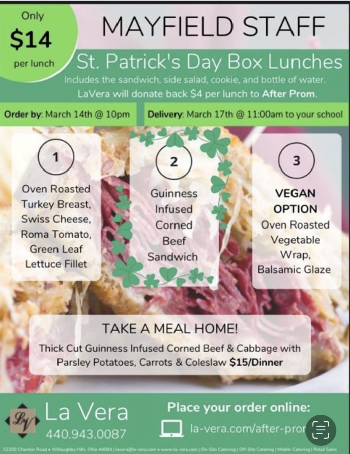 The St. Patricks Day boxed lunches will be delivered to the school staff on Thursday. After Prom committee president Diane Snider is excited by this fundraiser and said this will allow them to help subsidize the cost of After Prom for students. She said, We will give the nicest After Prom we can do with whatever funding we end up getting. 