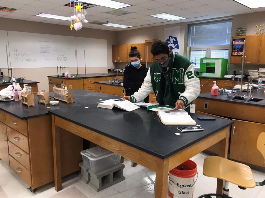 While completing their molarity assignment in Mr. Friels class, students dress warmly in sweatshirts and winter jackets.