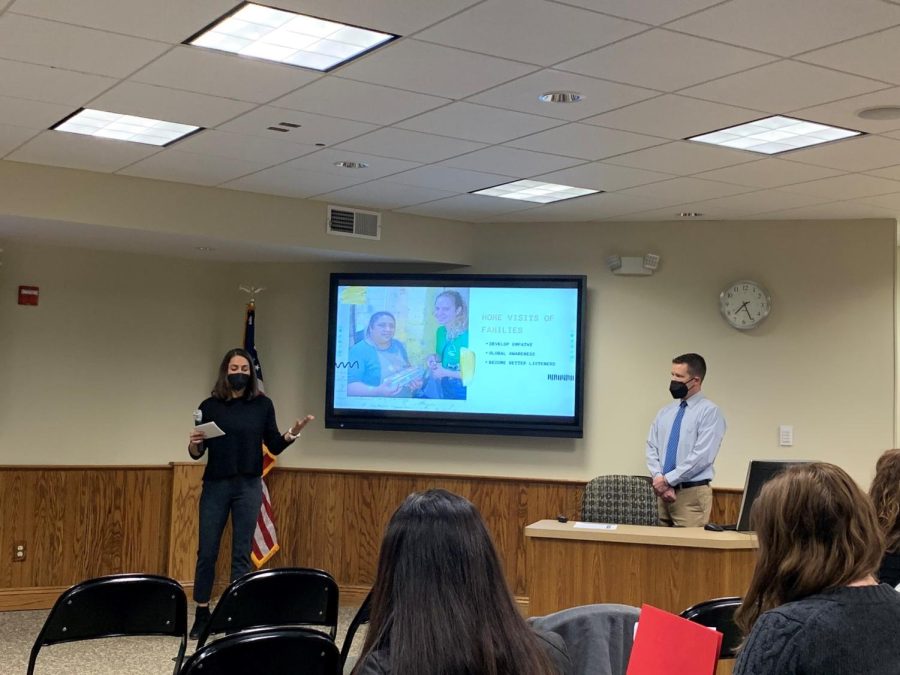 At the Board of Education office on Jan. 19, 2022, science teacher Melissa Spigutz presents how she teaches empathy for marginalized communities.  Science teacher Bob Friel also presented.