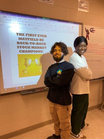 In Brian Francetics Financial Algebra class, seniors Stevie Ribovich and Camay McCollum won the Stock Market Challenge this week. Francetic said, Mayfield has never had a repeat champion in 11 years of our course. This year it happened twice! Mayfield will miss these two GOATS.
