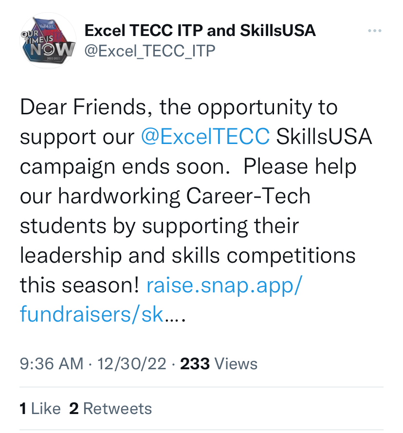 Excel TECC teacher Ron Suchy has promoted the SkillsUSA fundraiser on Twitter.